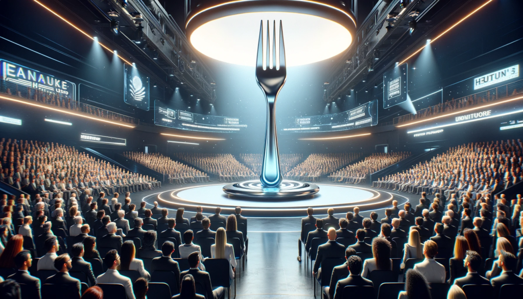 A modern, high-tech auditorium showcasing the launch of 'Fork Audio', a sophisticated audio device with a fork-like design. The diverse audience looks on in amazement.