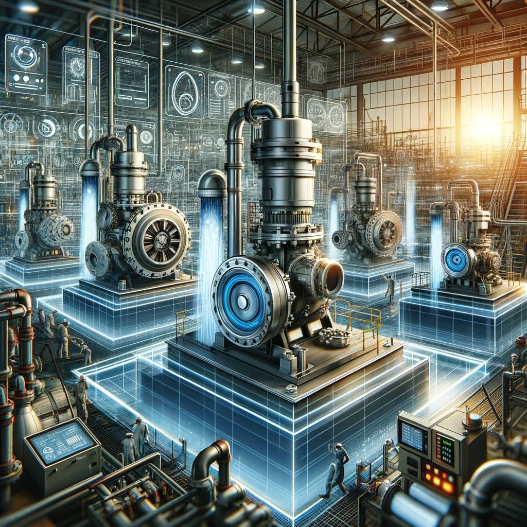 Dynamic industrial scene with various types of pumps, including centrifugal, positive displacement, and diaphragm pumps, actively operating in a busy industrial environment with workers maintaining the equipment.